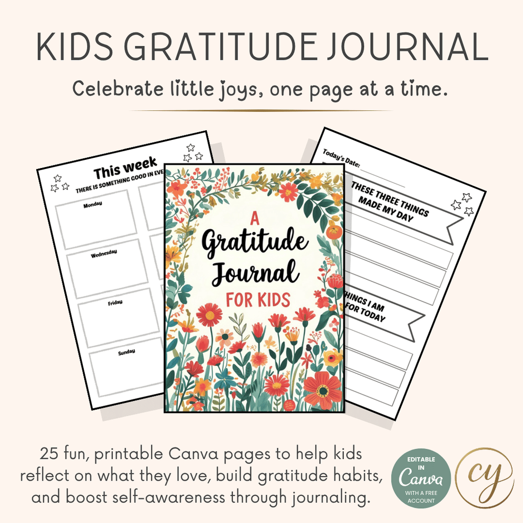 Kids Gratitude Journal – 25-Page Canva Template with Prompts & Reviews