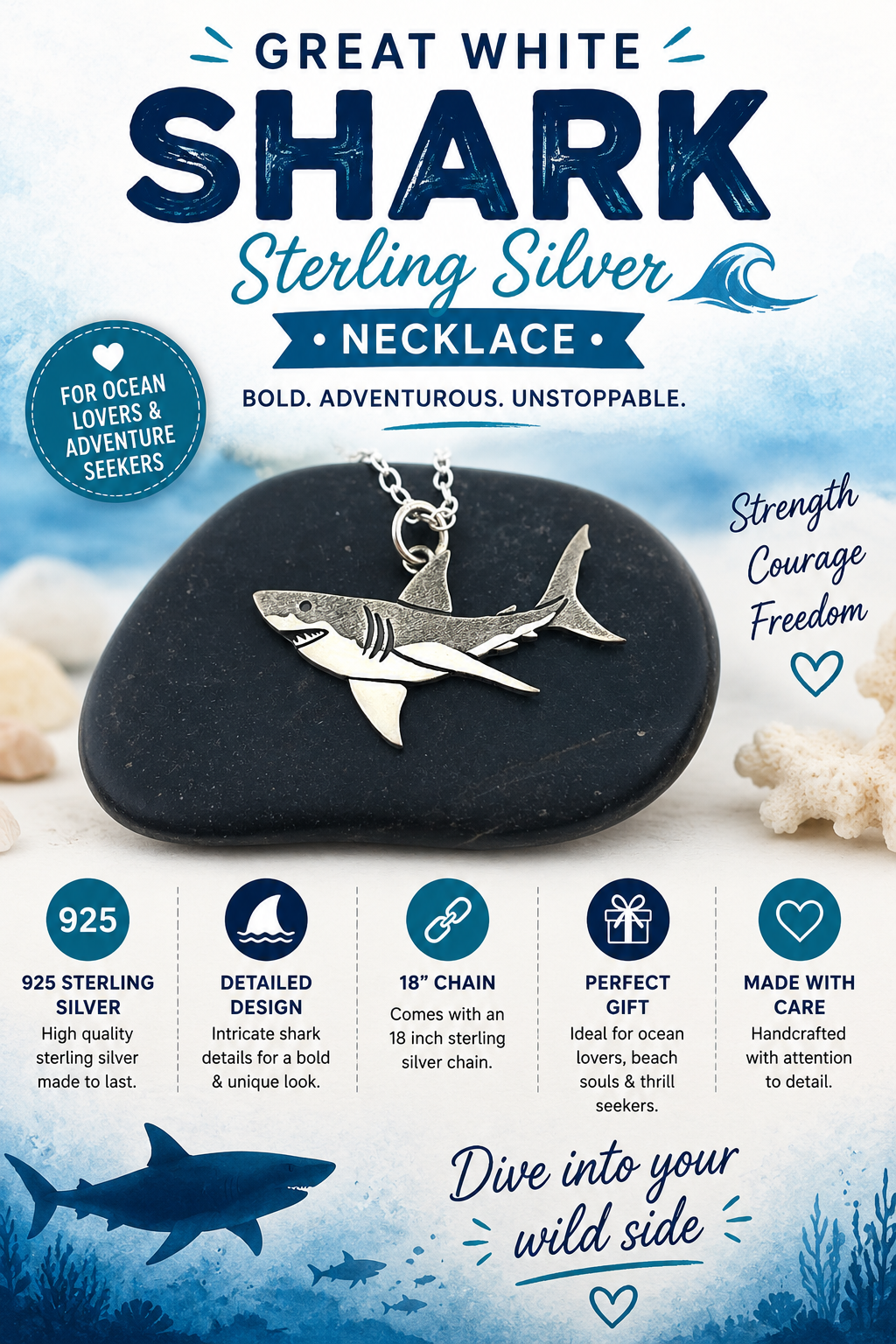 Collier requin blanc en argent sterling
