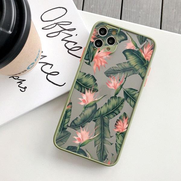 Coque de téléphone à motif floral vert pour iPhone 11, 12, 13, 14 Pro Max, coque rigide antichoc, motif tropical fin et brillant avec feuilles de palmier vertes