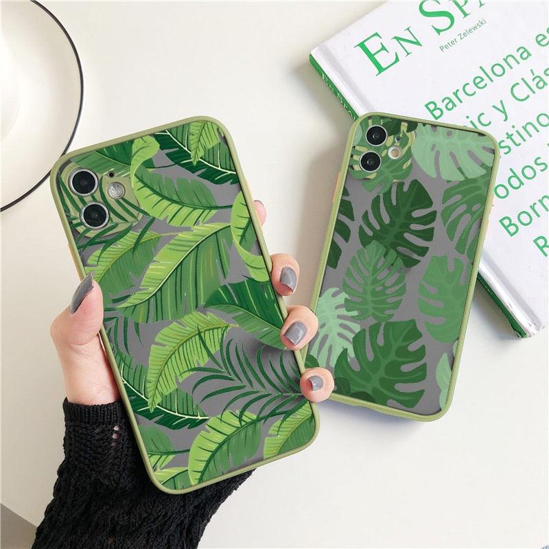 Coque de téléphone à motif floral vert pour iPhone 11, 12, 13, 14 Pro Max, coque rigide antichoc, motif tropical fin et brillant avec feuilles de palmier vertes