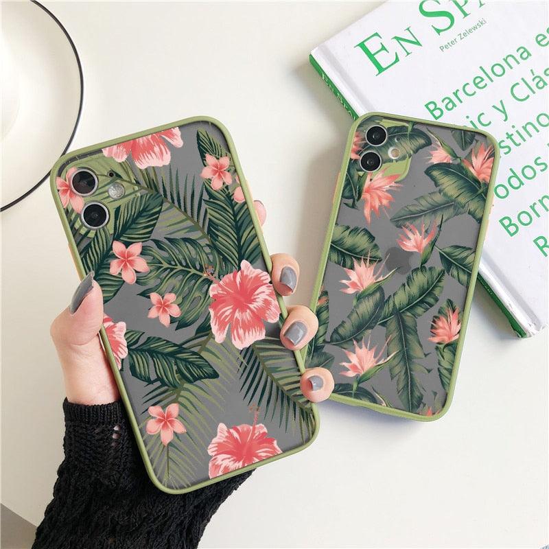 Coque de téléphone à motif floral vert pour iPhone 11, 12, 13, 14 Pro Max, coque rigide antichoc, motif tropical fin et brillant avec feuilles de palmier vertes