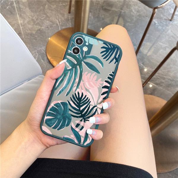 Coque de téléphone à motif floral vert pour iPhone 11, 12, 13, 14 Pro Max, coque rigide antichoc, motif tropical fin et brillant avec feuilles de palmier vertes
