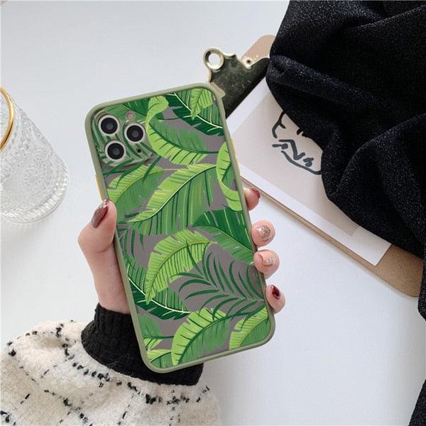 Coque de téléphone à motif floral vert pour iPhone 11, 12, 13, 14 Pro Max, coque rigide antichoc, motif tropical fin et brillant avec feuilles de palmier vertes