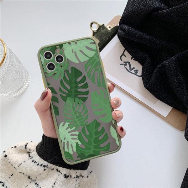 Coque de téléphone à motif floral vert pour iPhone 11, 12, 13, 14 Pro Max, coque rigide antichoc, motif tropical fin et brillant avec feuilles de palmier vertes