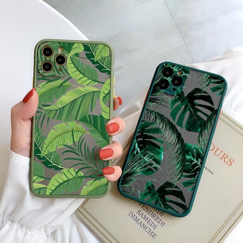 Coque de téléphone à motif floral vert pour iPhone 11, 12, 13, 14 Pro Max, coque rigide antichoc, motif tropical fin et brillant avec feuilles de palmier vertes
