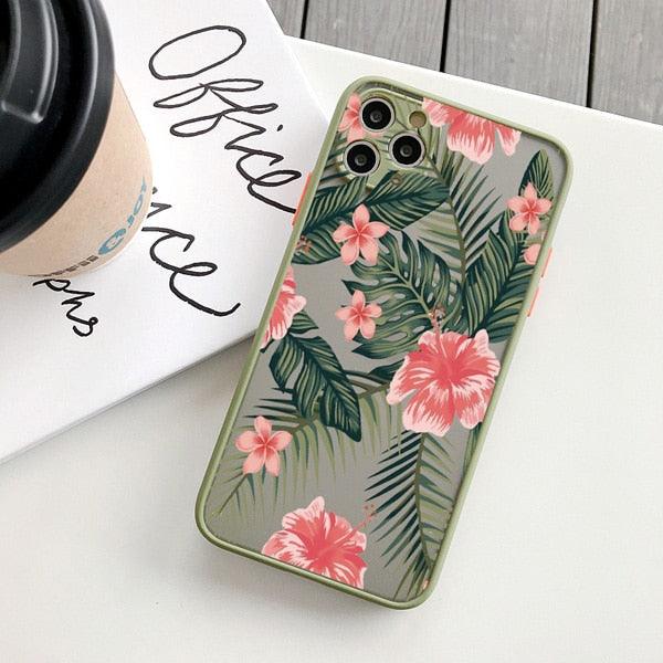 Coque de téléphone à motif floral vert pour iPhone 11, 12, 13, 14 Pro Max, coque rigide antichoc, motif tropical fin et brillant avec feuilles de palmier vertes
