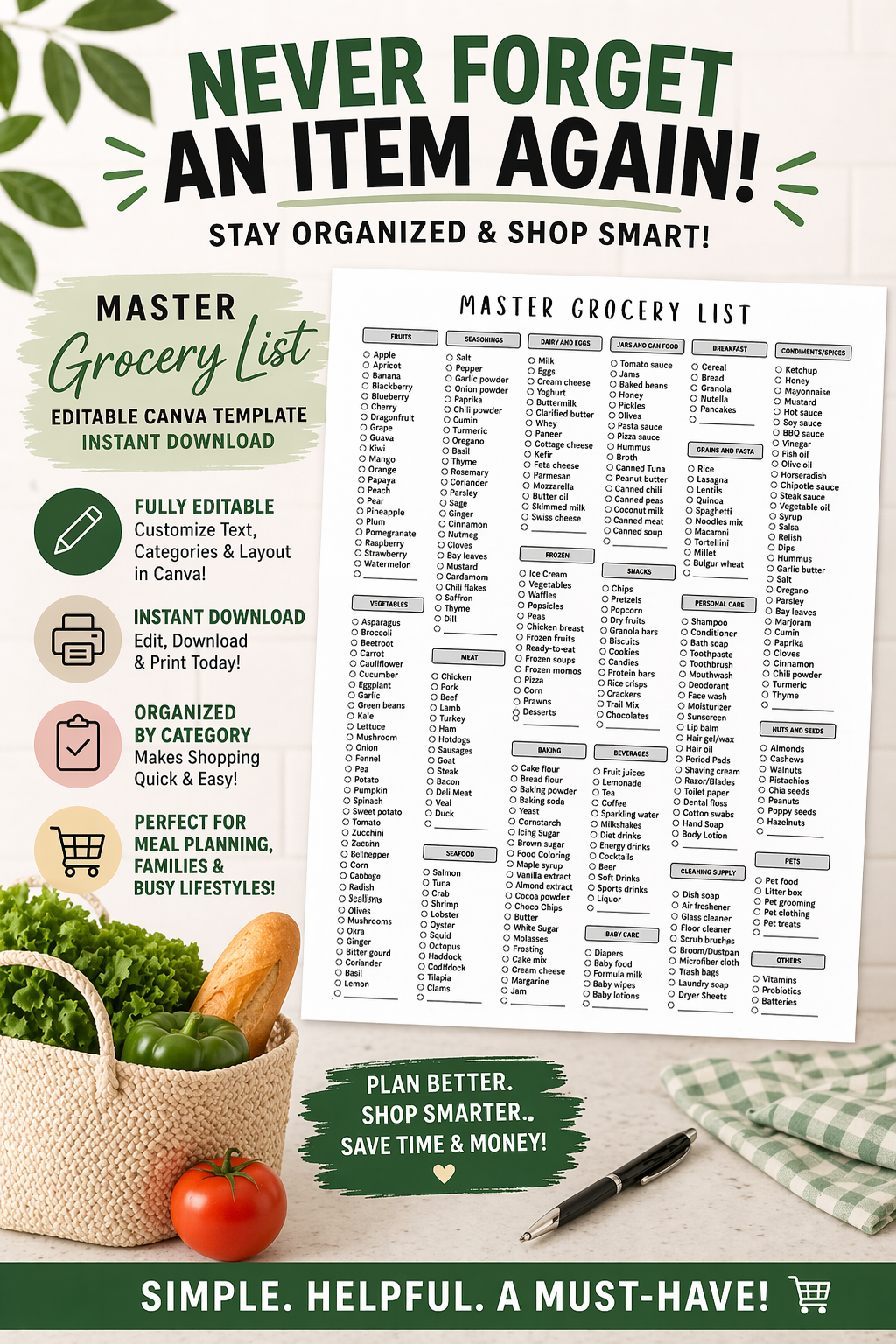 Master Grocery List Canva Template – Printable & Editable Checklist