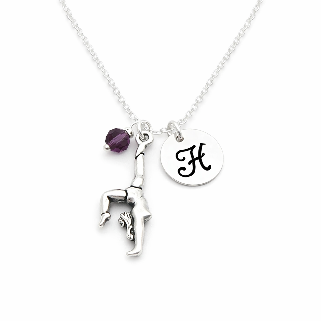 Collier personnalisé Gymnastique – Initiale et Pierre de naissance en argent sterling