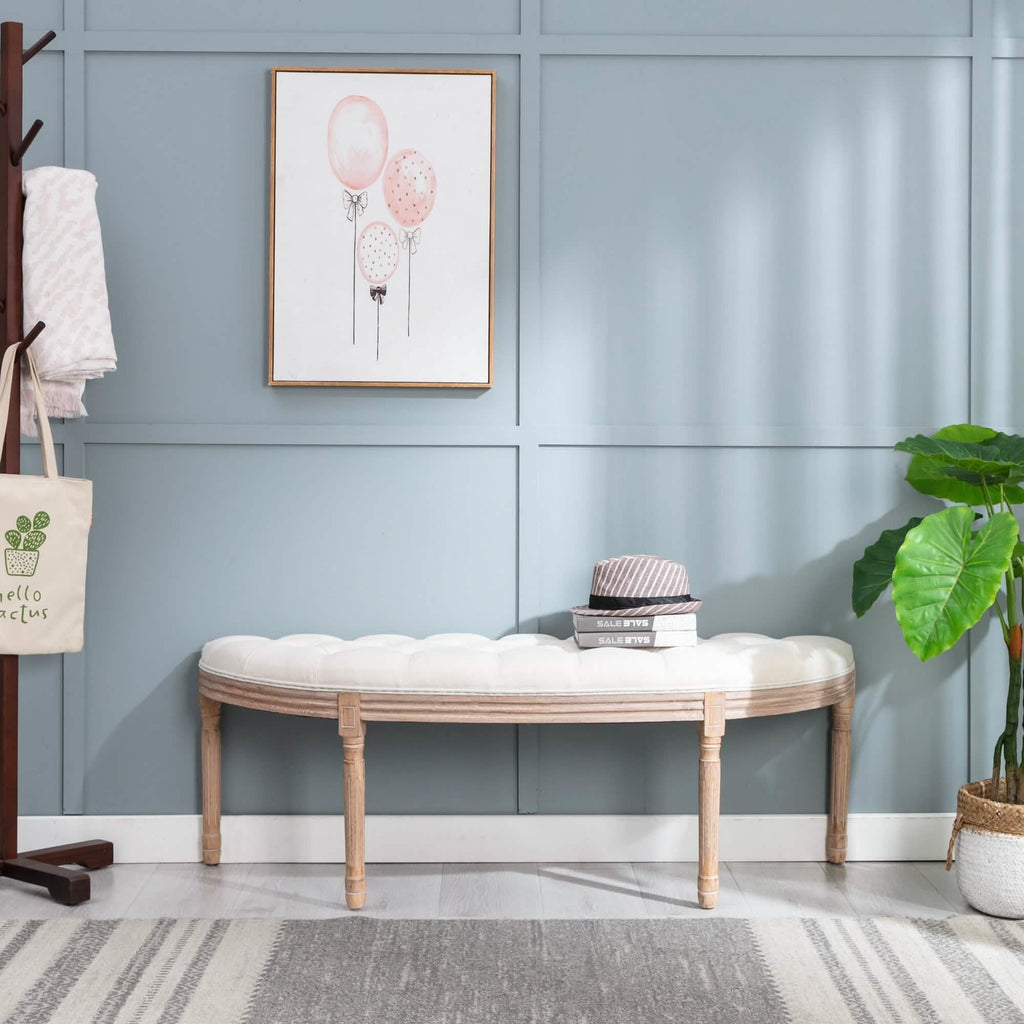 Banc vintage français demi-lune avec assise rembourrée et pieds en bois d'hévéa