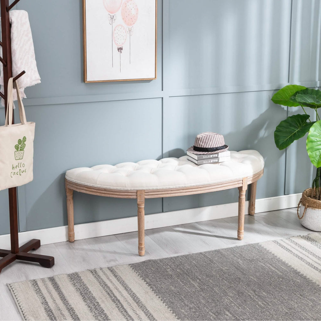 Banc vintage français demi-lune avec assise rembourrée et pieds en bois d'hévéa