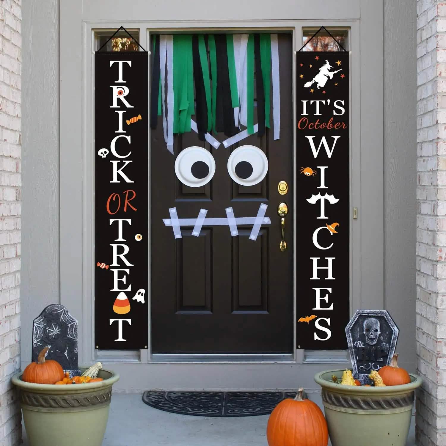 Décoration de porche d'Halloween, bannière de sorcière d'octobre pour la décoration de porche avant