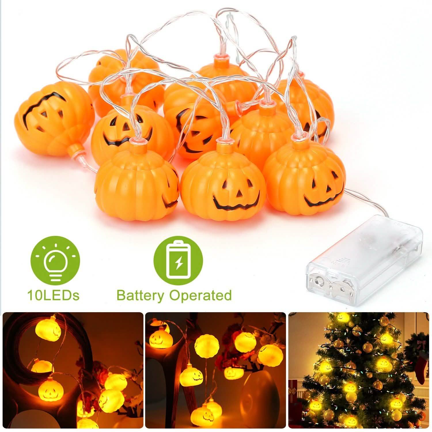 Guirlande lumineuse d'Halloween citrouille à LED, alimentée par piles