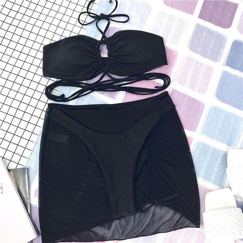 Ensemble de bikinis croisés creux, maillot de bain pour femme, nouveau maillot de bain deux pièces de couleur unie, haut de bikini à licou croisé avec découpes et bas taille haute, tenue de plage d'été, maillot de bain pour femme.
