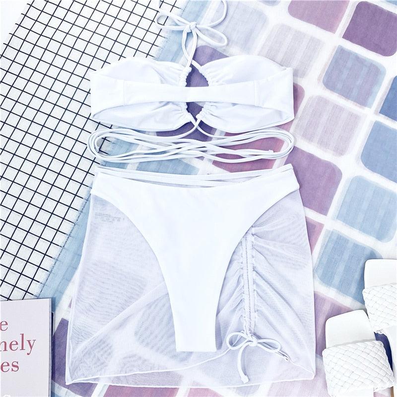 Ensemble de bikinis croisés creux, maillot de bain pour femme, nouveau maillot de bain deux pièces de couleur unie, haut de bikini à licou croisé avec découpes et bas taille haute, tenue de plage d'été, maillot de bain pour femme.
