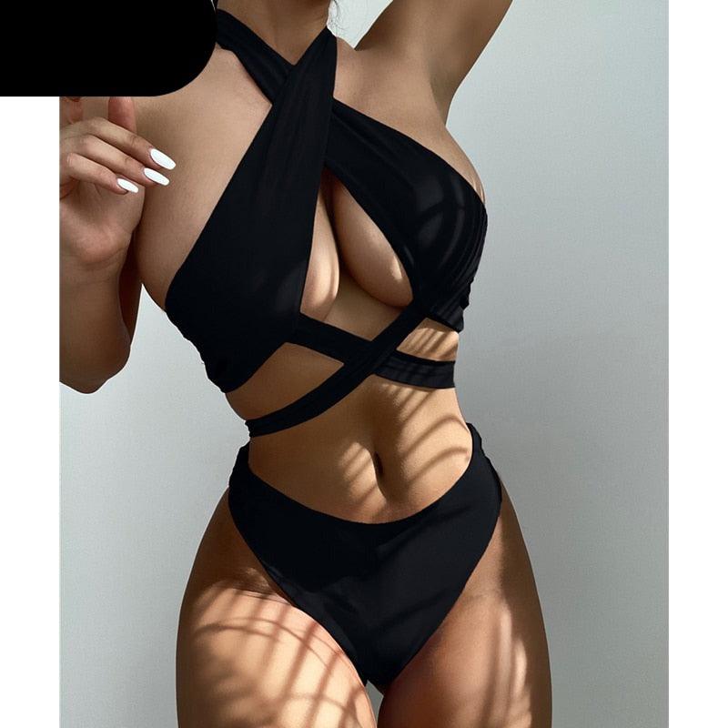 Ensemble de bikinis croisés creux, maillot de bain pour femme, nouveau maillot de bain deux pièces de couleur unie, haut de bikini à licou croisé avec découpes et bas taille haute, tenue de plage d'été, maillot de bain pour femme.