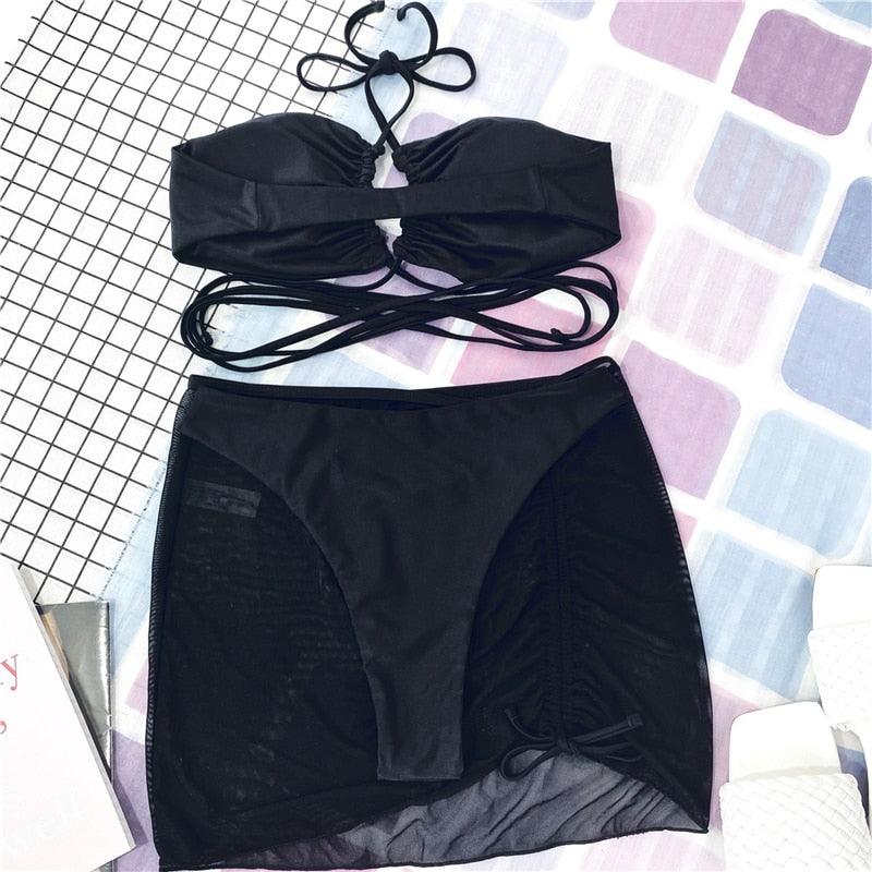Ensemble de bikinis croisés creux, maillot de bain pour femme, nouveau maillot de bain deux pièces de couleur unie, haut de bikini à licou croisé avec découpes et bas taille haute, tenue de plage d'été, maillot de bain pour femme.