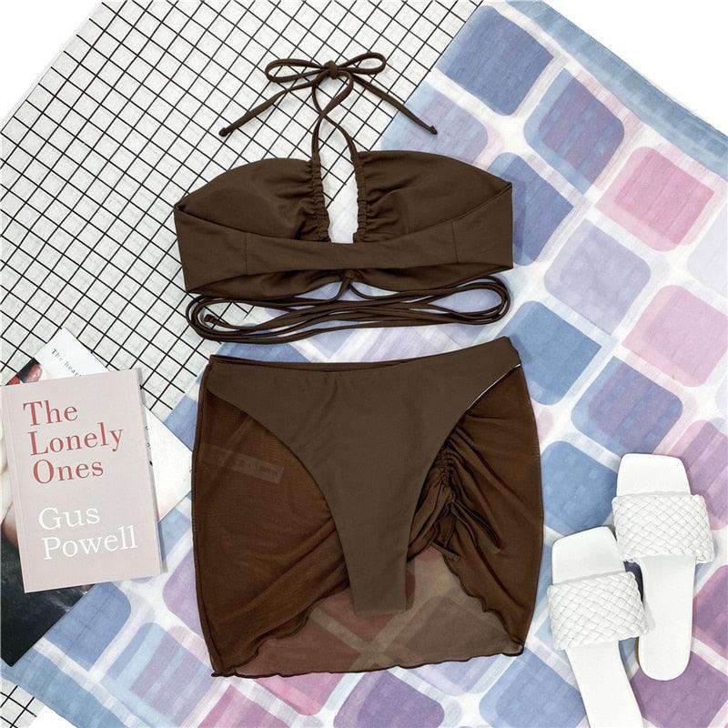 Ensemble de bikinis croisés creux, maillot de bain pour femme, nouveau maillot de bain deux pièces de couleur unie, haut de bikini à licou croisé avec découpes et bas taille haute, tenue de plage d'été, maillot de bain pour femme.