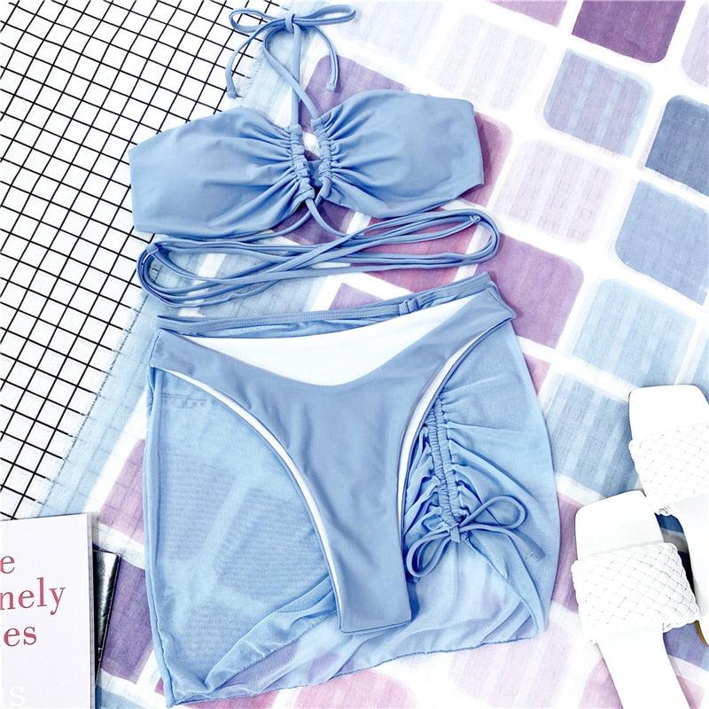 Ensemble de bikinis croisés creux, maillot de bain pour femme, nouveau maillot de bain deux pièces de couleur unie, haut de bikini à licou croisé avec découpes et bas taille haute, tenue de plage d'été, maillot de bain pour femme.