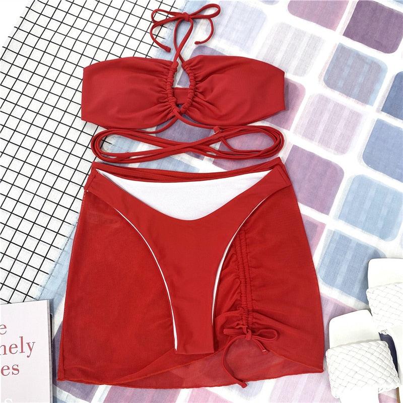 Ensemble de bikinis croisés creux, maillot de bain pour femme, nouveau maillot de bain deux pièces de couleur unie, haut de bikini à licou croisé avec découpes et bas taille haute, tenue de plage d'été, maillot de bain pour femme.