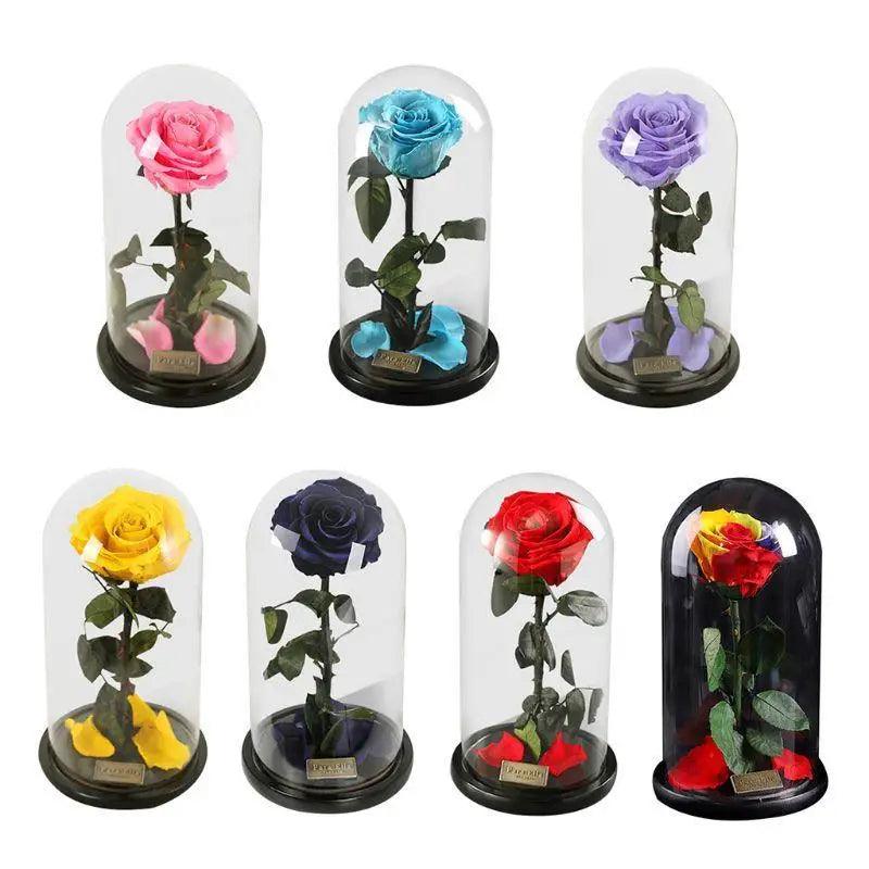 Rose éternelle enchantée faite à la main sous cloche en verre sur socle en bois - Rose pour Noël, Saint Valentin