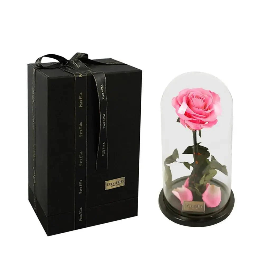 Rose éternelle enchantée faite à la main sous cloche en verre sur socle en bois - Rose pour Noël, Saint Valentin