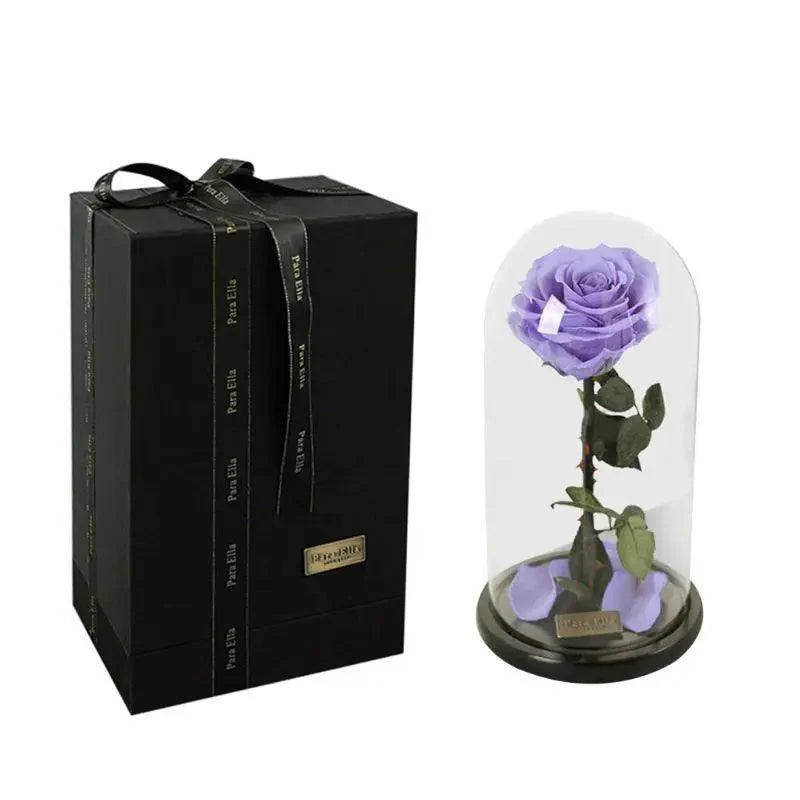 Rose éternelle enchantée faite à la main sous cloche en verre sur socle en bois - Rose pour Noël, Saint Valentin