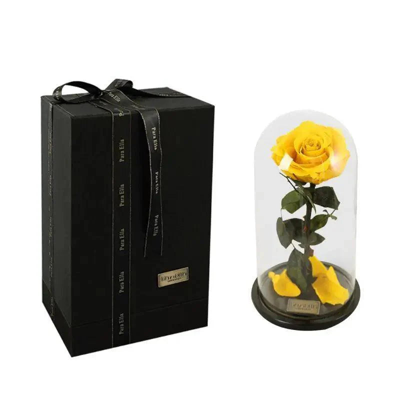 Rose éternelle enchantée faite à la main sous cloche en verre sur socle en bois - Rose pour Noël, Saint Valentin