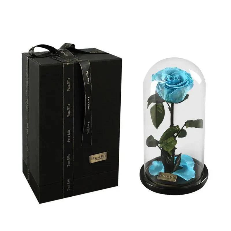 Rose éternelle enchantée faite à la main sous cloche en verre sur socle en bois - Rose pour Noël, Saint Valentin