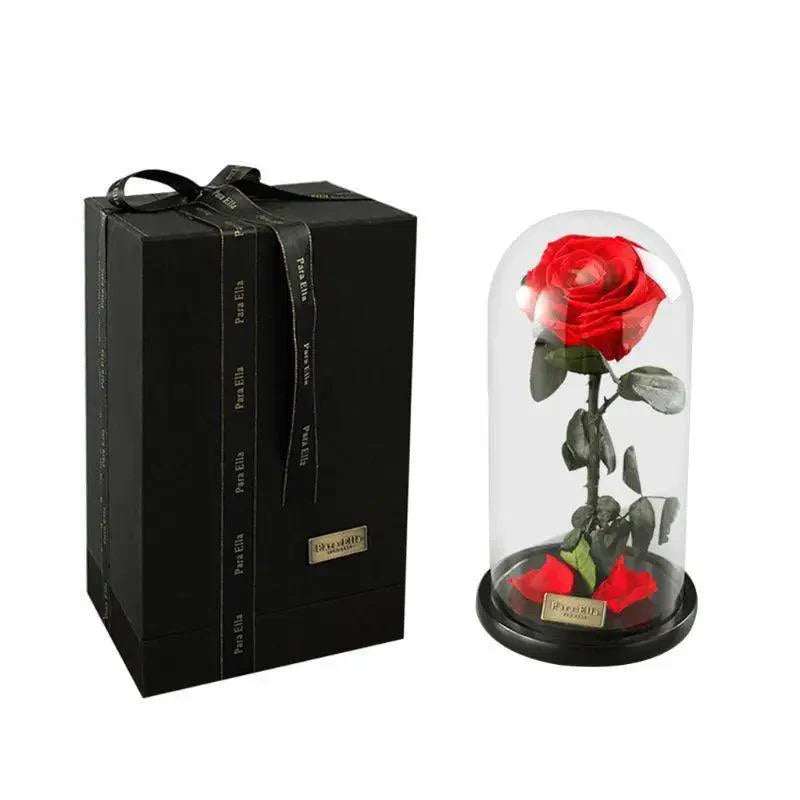 Rose éternelle enchantée faite à la main sous cloche en verre sur socle en bois - Rose pour Noël, Saint Valentin