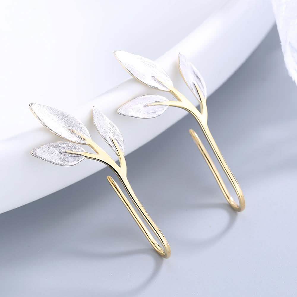 Boucles d'oreilles pendantes Feuille en argent sterling et or 14 carats faites à la main