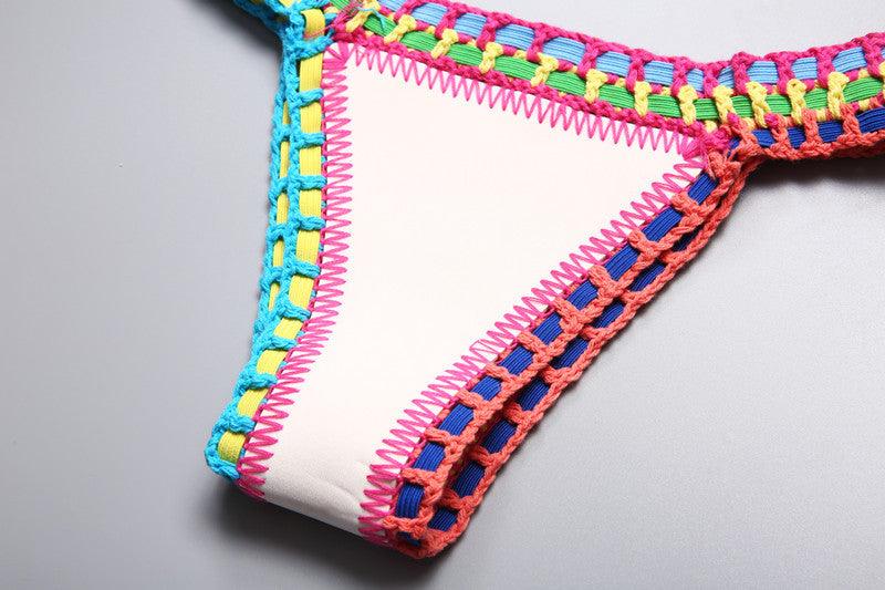Maillot de bain bikini fait main en tricot au crochet pour femmes, ensemble deux pièces avec liens sur les côtés, maillot de bain triangle de plage