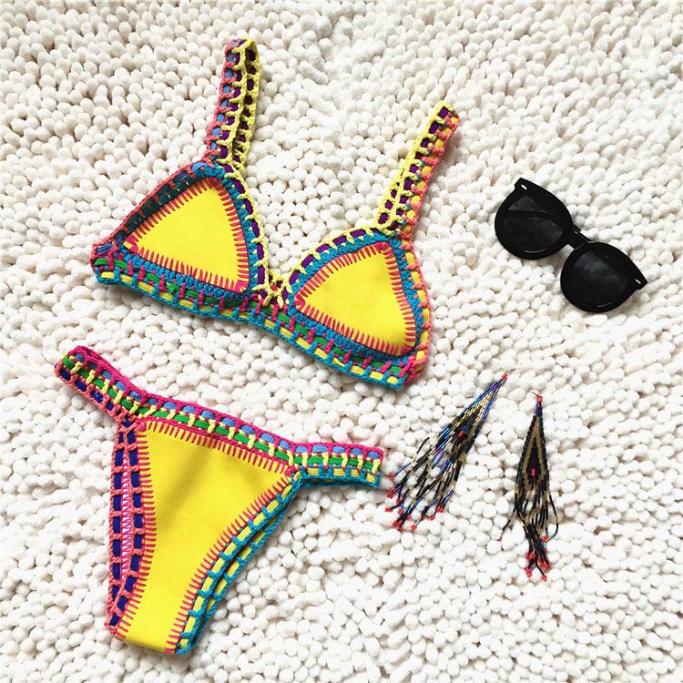 Maillot de bain bikini fait main en tricot au crochet pour femmes, ensemble deux pièces avec liens sur les côtés, maillot de bain triangle de plage