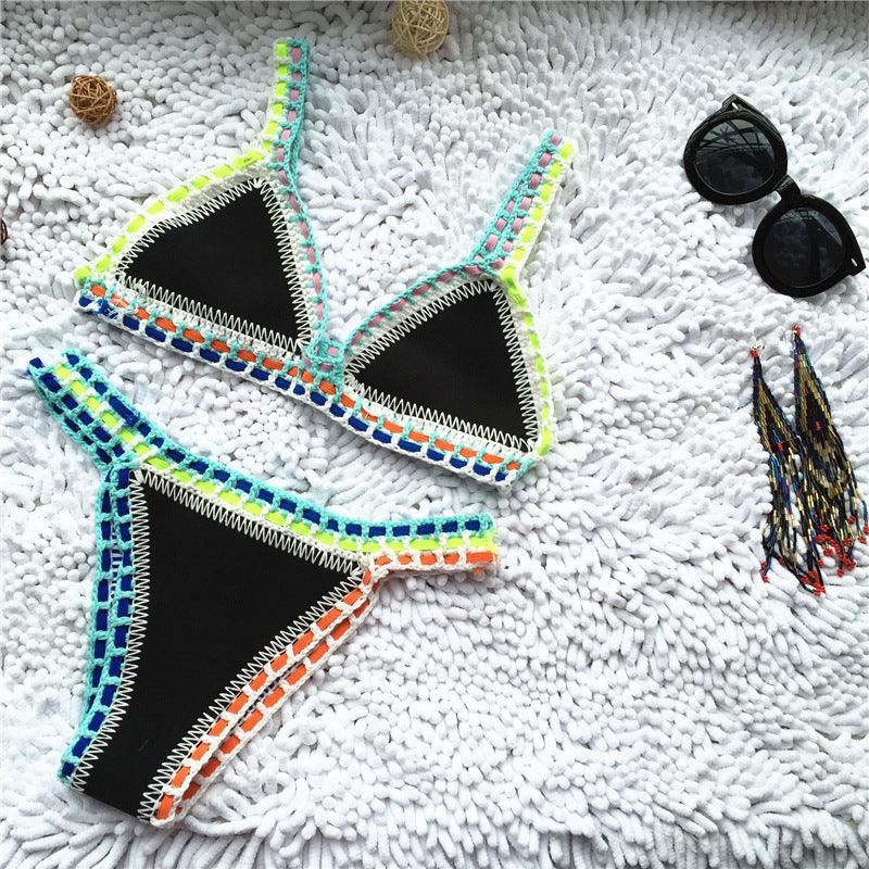 Maillot de bain bikini fait main en tricot au crochet pour femmes, ensemble deux pièces avec liens sur les côtés, maillot de bain triangle de plage