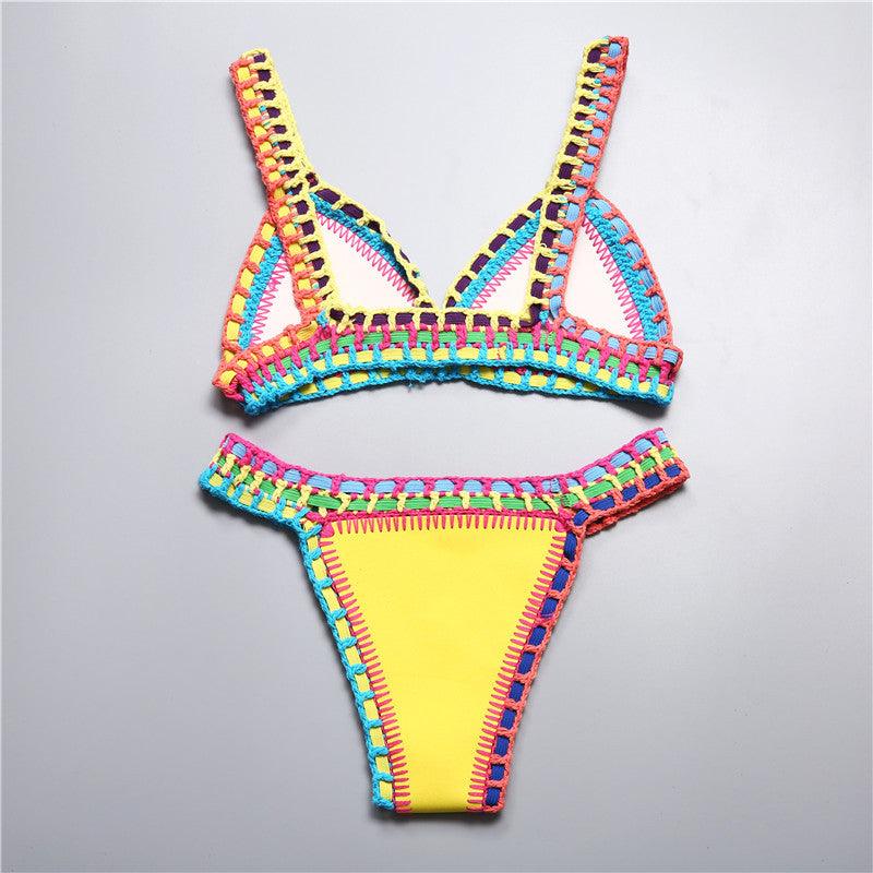 Maillot de bain bikini fait main en tricot au crochet pour femmes, ensemble deux pièces avec liens sur les côtés, maillot de bain triangle de plage