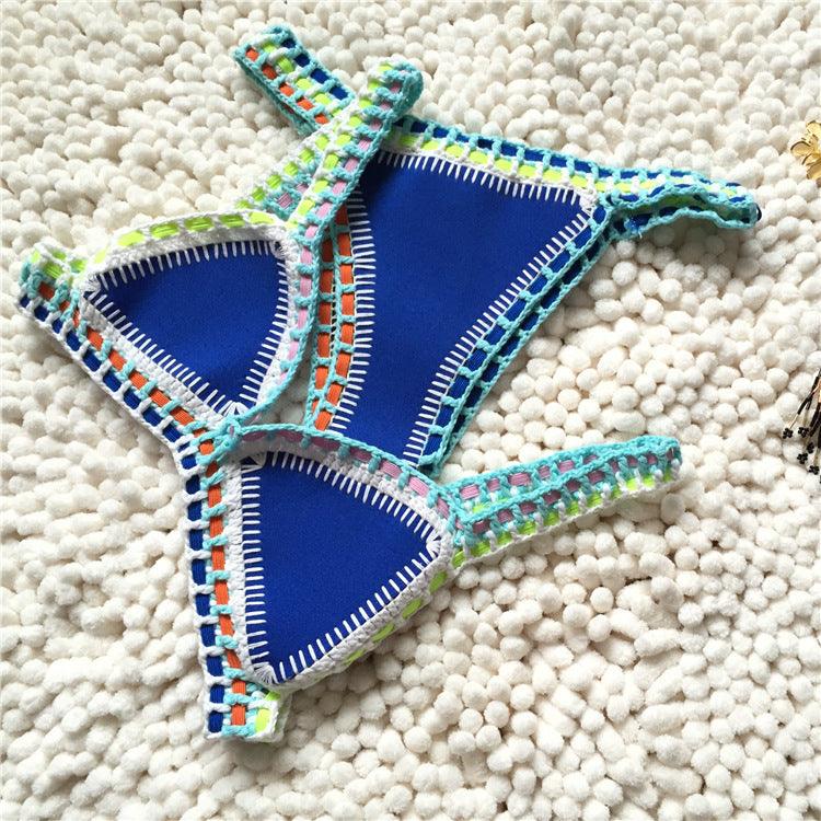 Maillot de bain bikini fait main en tricot au crochet pour femmes, ensemble deux pièces avec liens sur les côtés, maillot de bain triangle de plage