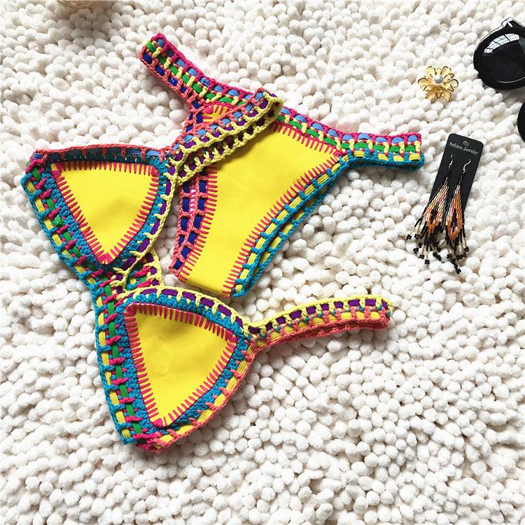 Maillot de bain bikini fait main en tricot au crochet pour femmes, ensemble deux pièces avec liens sur les côtés, maillot de bain triangle de plage