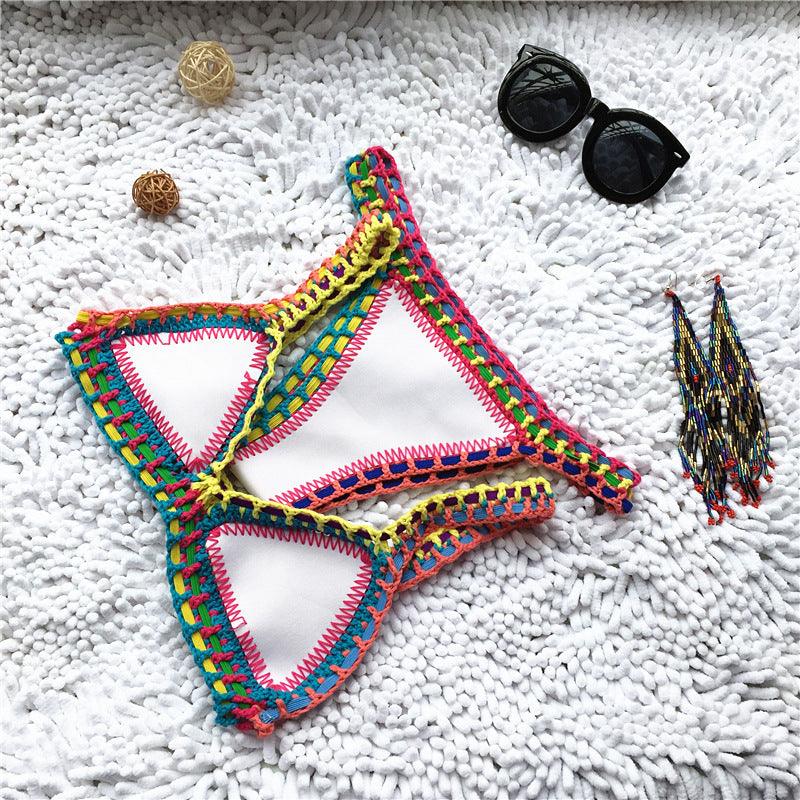 Maillot de bain bikini fait main en tricot au crochet pour femmes, ensemble deux pièces avec liens sur les côtés, maillot de bain triangle de plage
