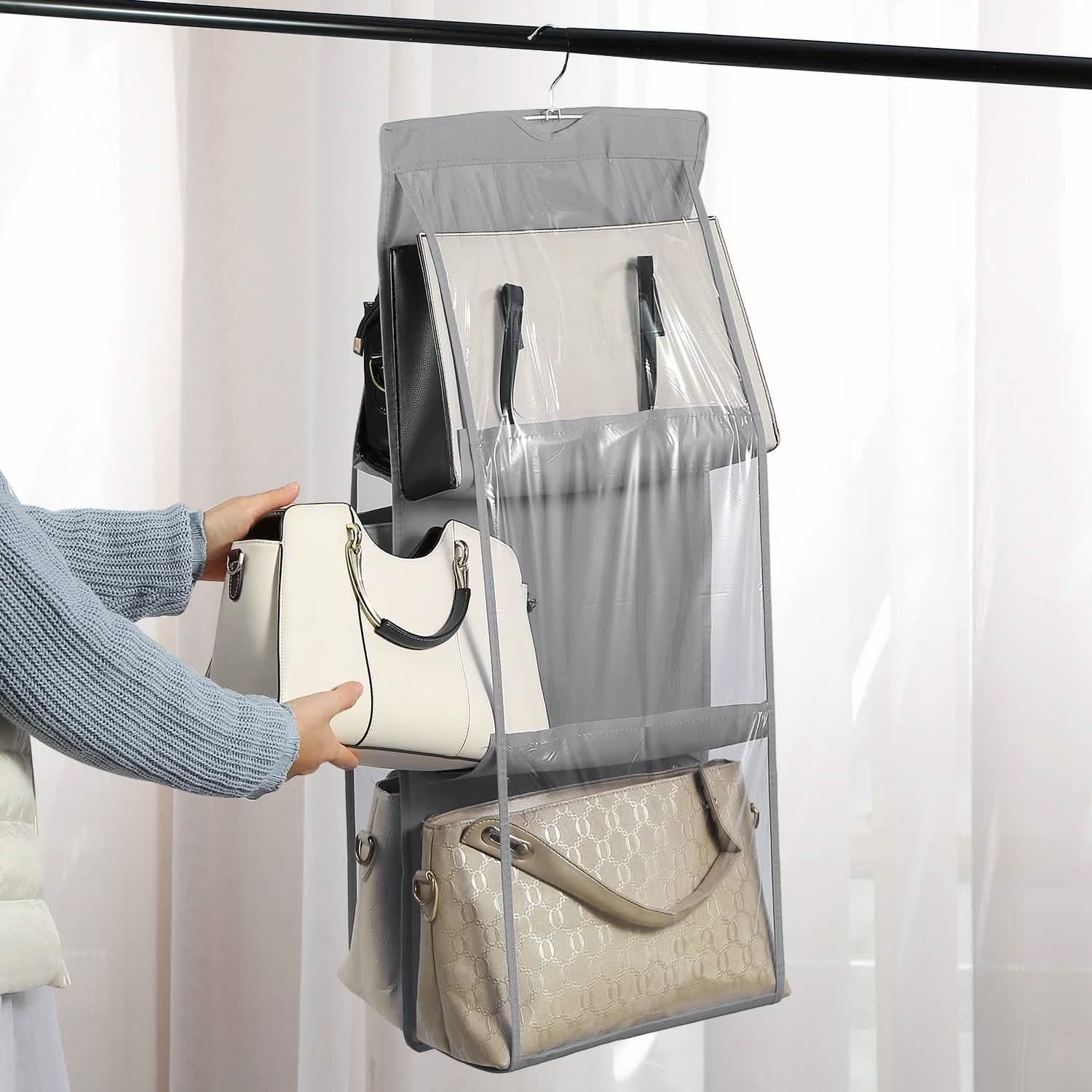 Organisateur suspendu pour sacs à main avec 6 poches de rangement pour placards