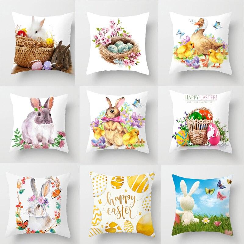 Taie d'oreiller Joyeuses Pâques Décorations de Pâques pour la maison Lapin Œufs Printemps Décoration de Pâques Housse de coussin en lin Housse de coussin de ferme Œufs Arbre Lapin Housse de coussin de vacances Housse de coussin en polyester