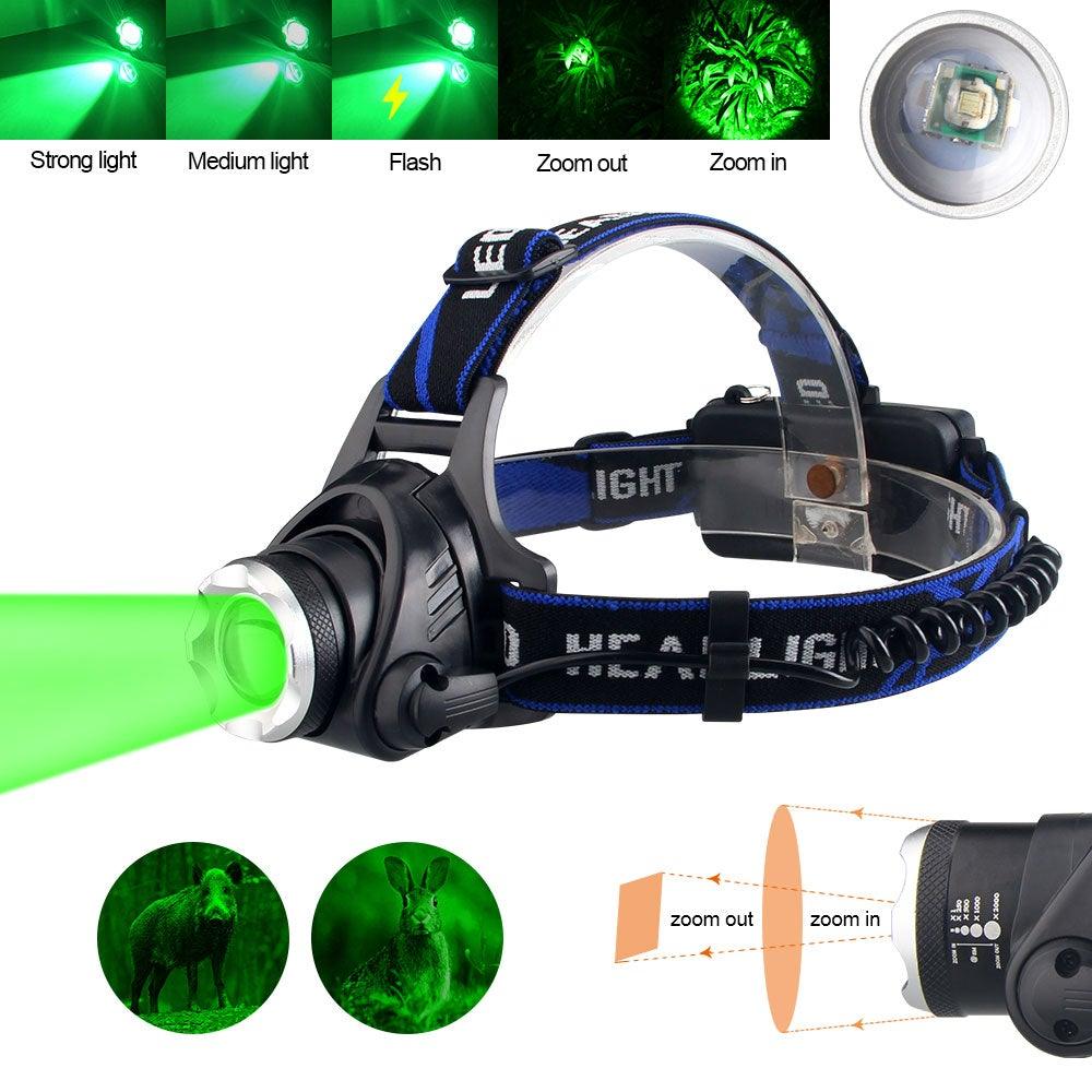 Phare Lampe frontale USB LED rechargeable Étanche Vert/Rouge/UV 395nm Lampe frontale zoomable Lampe de poche extérieure Étanche Phare LED Lampe frontale 3 modes Torche pour Camping Randonnée Pêche