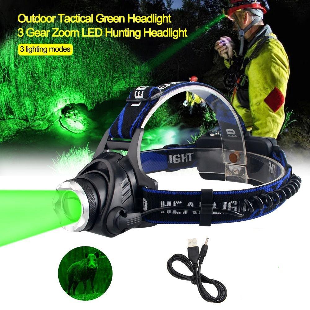 Phare Lampe frontale USB LED rechargeable Étanche Vert/Rouge/UV 395nm Lampe frontale zoomable Lampe de poche extérieure Étanche Phare LED Lampe frontale 3 modes Torche pour Camping Randonnée Pêche