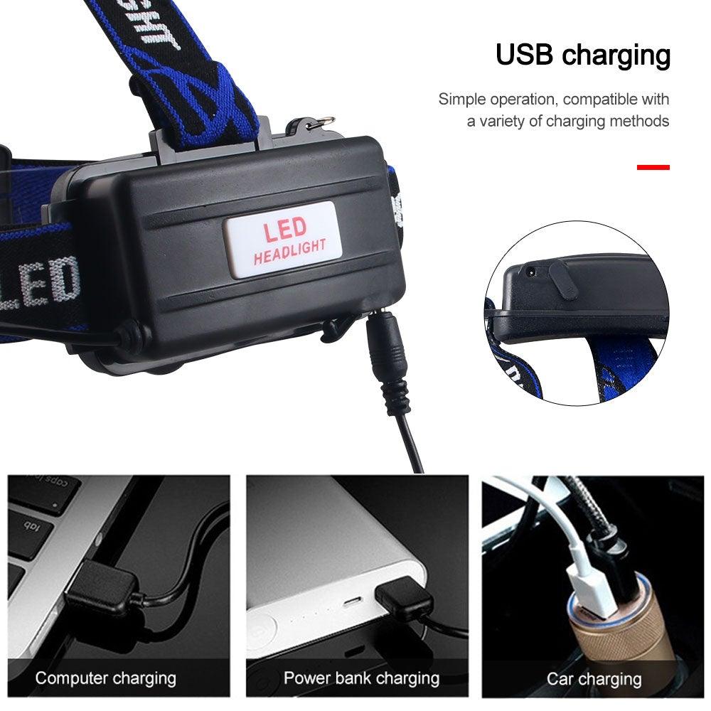 Phare Lampe frontale USB LED rechargeable Étanche Vert/Rouge/UV 395nm Lampe frontale zoomable Lampe de poche extérieure Étanche Phare LED Lampe frontale 3 modes Torche pour Camping Randonnée Pêche