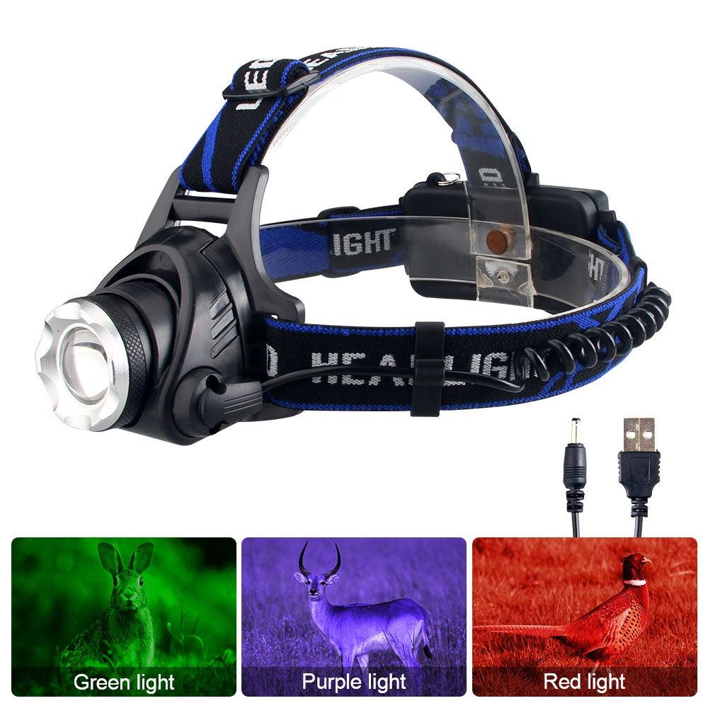 Phare Lampe frontale USB LED rechargeable Étanche Vert/Rouge/UV 395nm Lampe frontale zoomable Lampe de poche extérieure Étanche Phare LED Lampe frontale 3 modes Torche pour Camping Randonnée Pêche