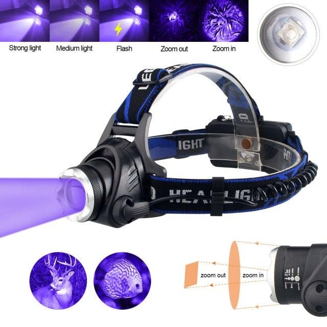 Phare Lampe frontale USB LED rechargeable Étanche Vert/Rouge/UV 395nm Lampe frontale zoomable Lampe de poche extérieure Étanche Phare LED Lampe frontale 3 modes Torche pour Camping Randonnée Pêche