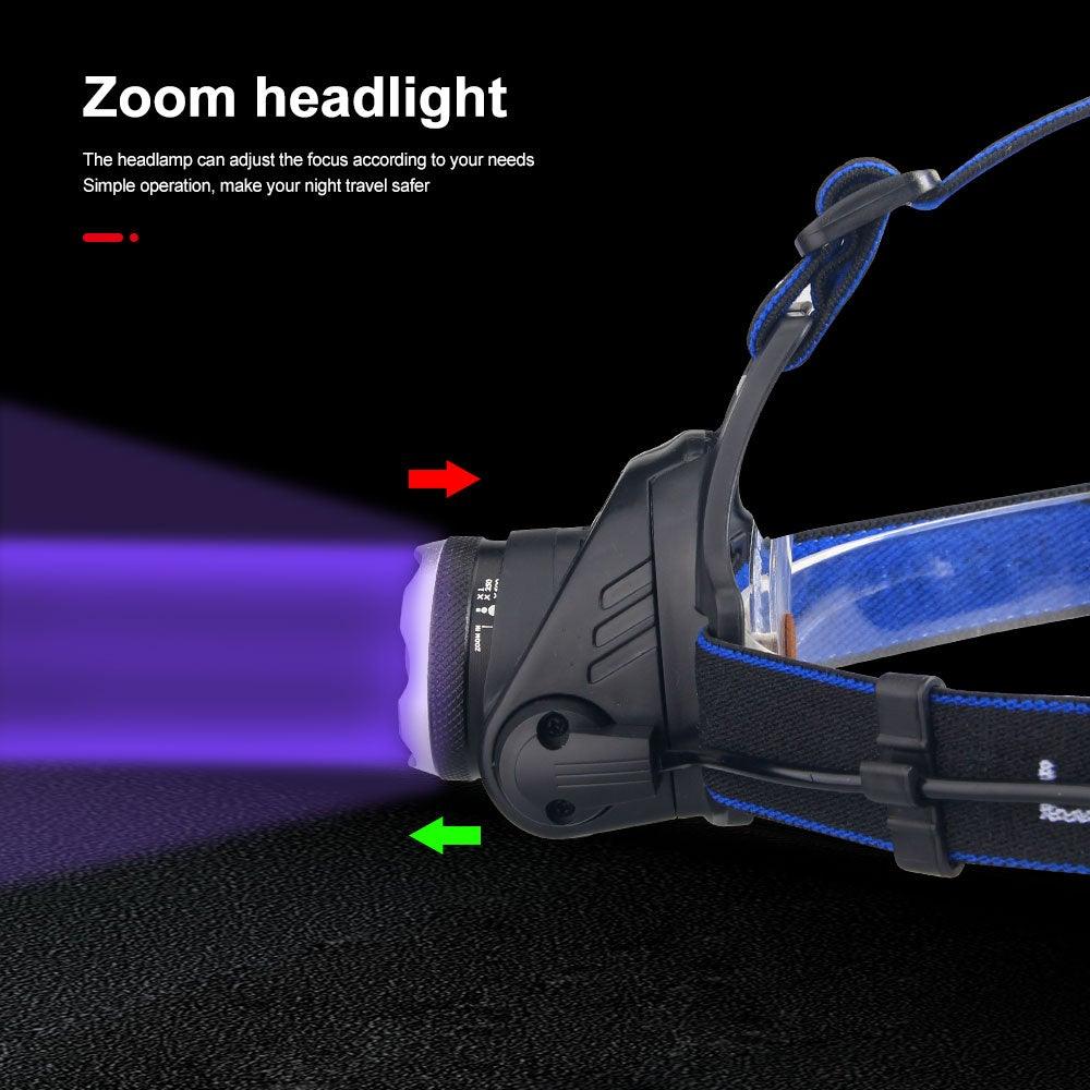 Phare Lampe frontale USB LED rechargeable Étanche Vert/Rouge/UV 395nm Lampe frontale zoomable Lampe de poche extérieure Étanche Phare LED Lampe frontale 3 modes Torche pour Camping Randonnée Pêche