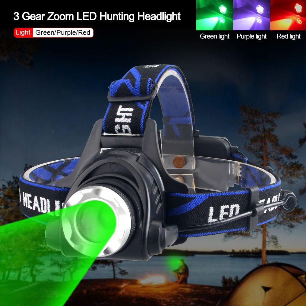 Phare Lampe frontale USB LED rechargeable Étanche Vert/Rouge/UV 395nm Lampe frontale zoomable Lampe de poche extérieure Étanche Phare LED Lampe frontale 3 modes Torche pour Camping Randonnée Pêche