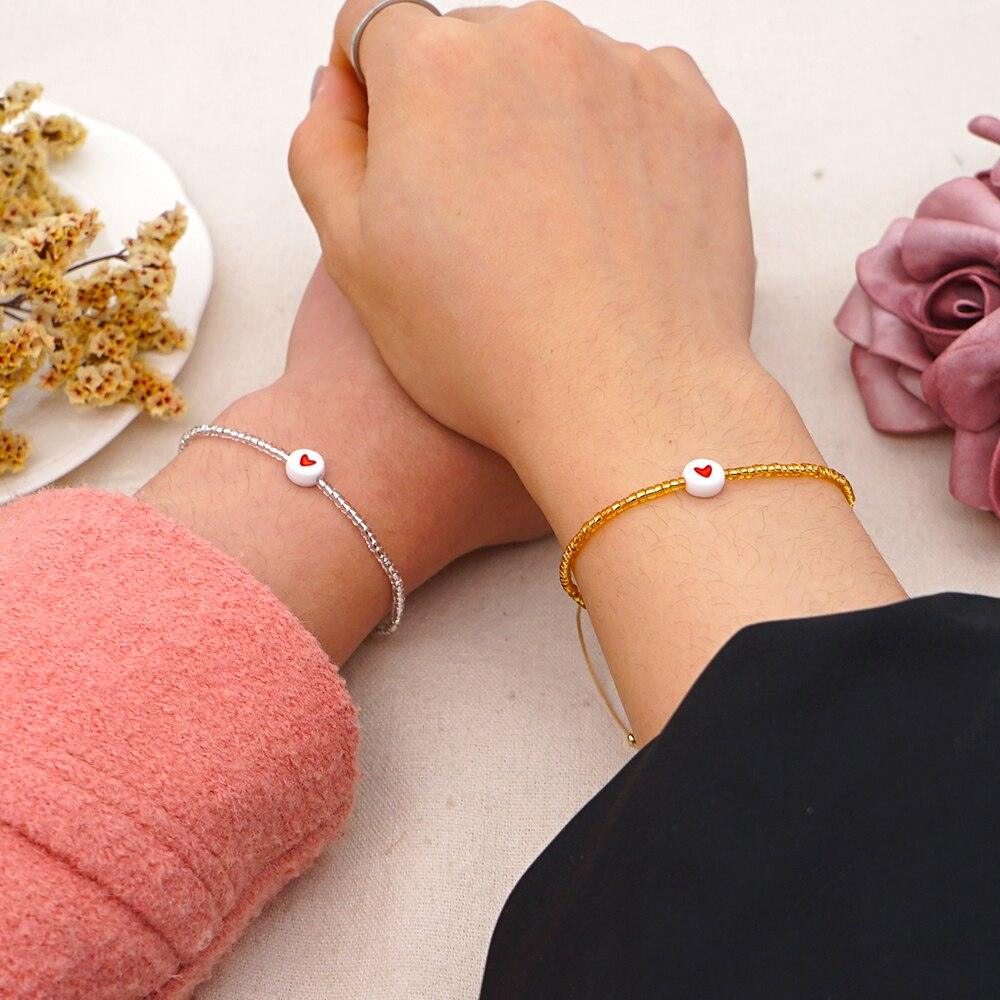 Bracelets cœur pour couple, Saint-Valentin, bijoux perlés, petit bracelet réglable pour couple, bracelet en corde tressée en cuir, bracelet mignon réglable pour l'amitié