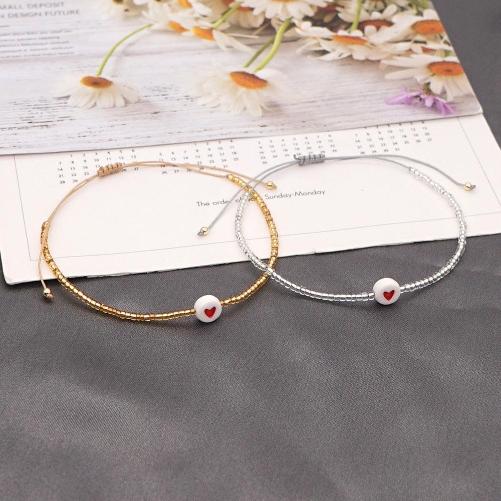 Bracelets cœur pour couple, Saint-Valentin, bijoux perlés, petit bracelet réglable pour couple, bracelet en corde tressée en cuir, bracelet mignon réglable pour l'amitié