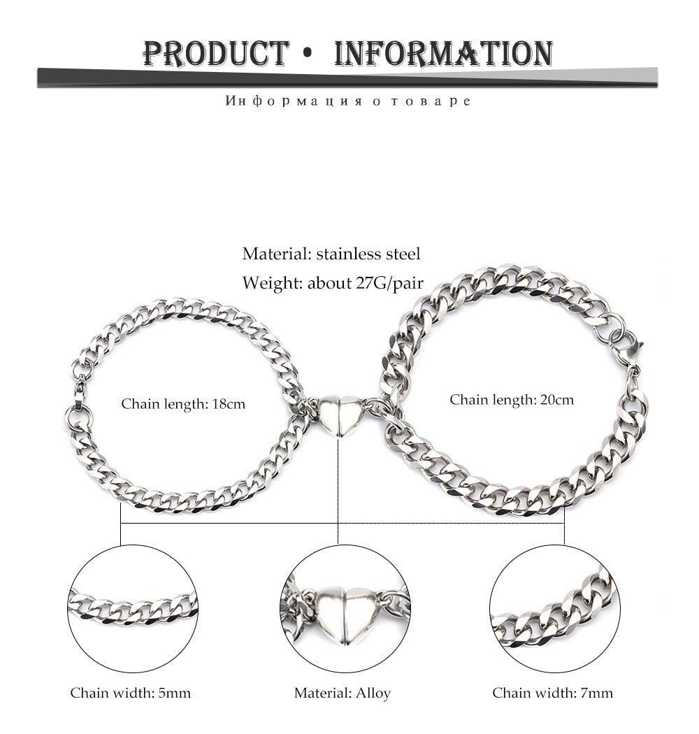 Bracelets de couple magnétiques en acier inoxydable en forme de cœur, bracelets de chaîne tendance avec breloque cœur, bracelets assortis pour couples, bracelet de promesse, chaîne à maillons en acier inoxydable pour femmes, bracelet d'amour pour couples