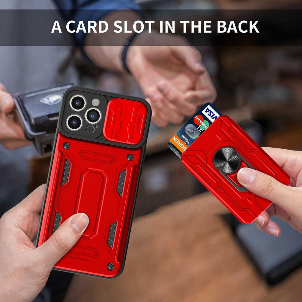 Coque de protection robuste avec porte-cartes pour iPhone 11 Pro 7 8 Plus Support de téléphone magnétique Protection d'objectif coulissant Emplacement pour cartes avec anneau rotatif Coque antichoc